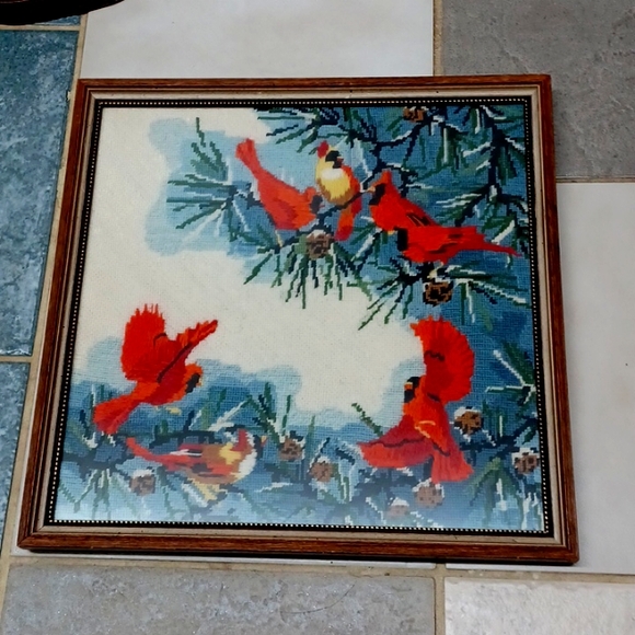 fiber art red birds Other - Vintage embrodery, fiber art approximately 13.5"x13.5" in wood frame under glass
